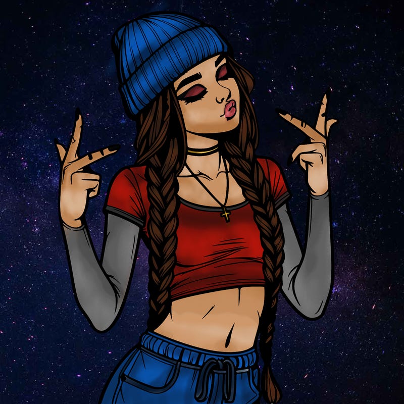 realistic teenage girl with braids and a beanie and crop top doing 🫶🏼