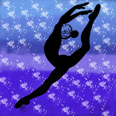 gymnast doing a leap in a leotard with a bent back leg