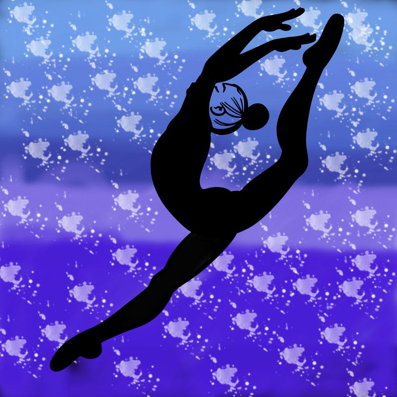 gymnast doing a leap in a leotard with a bent back leg