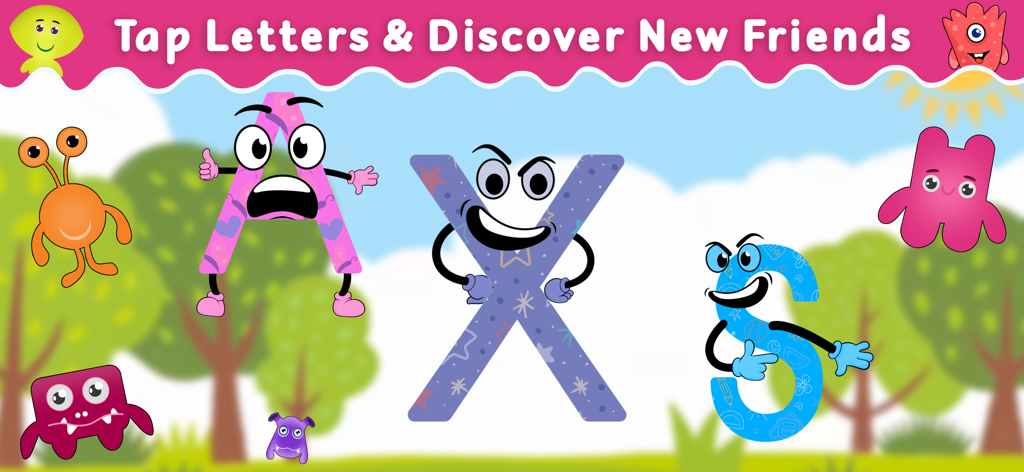 Endless Alphabet ABC App Kids - Animated letters A X and S with colorful monsters in a kids educational app