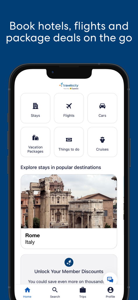 Travelocity Mobile App-Oberfläche mit Buchungskategorien für Hotels, Flüge, Autos und Urlaubspakete