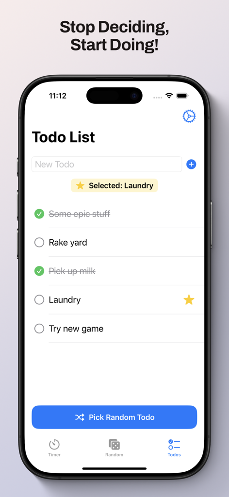 TaskFlux mobile app showing a to-do list with a highlighted task and a Pick Random Todo button.