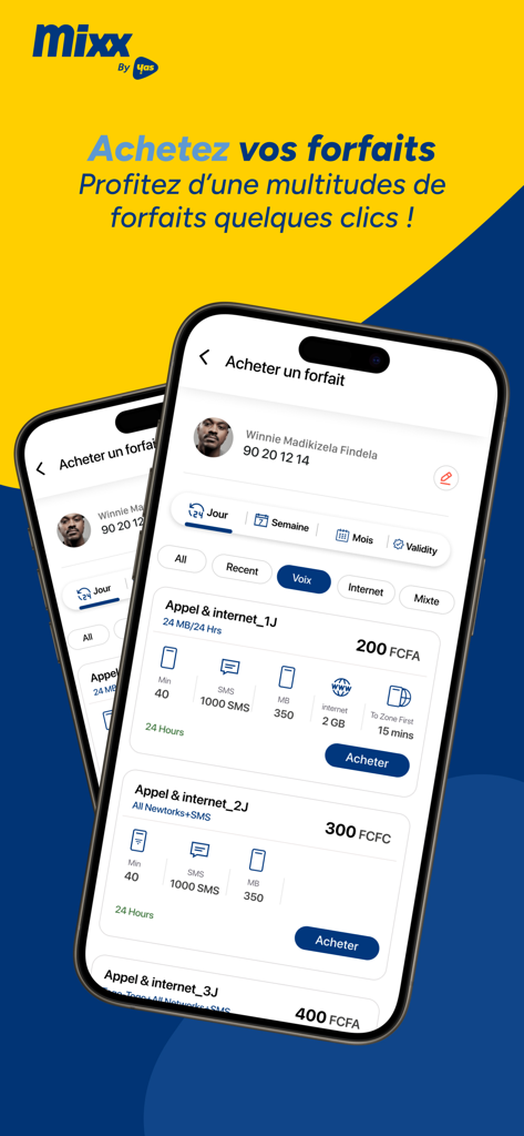 Mixx Togo - Mixx Togo app interface showing options to purchase mobile internet and call bundles