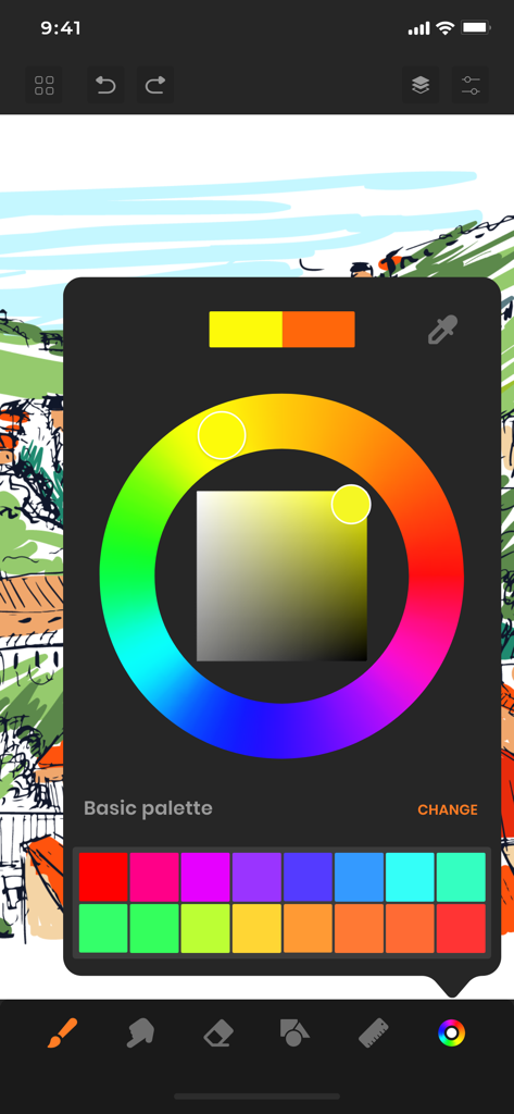 Interface of the Sketchbook app featuring a color wheel and custom palette over a digital sketch.