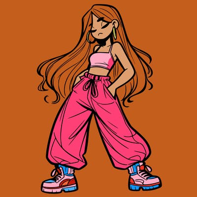 girl in baggy pants crop top and long hair