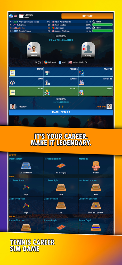 Management dashboard and tactical gameplay strategy settings for Tennis Career Sim Game.