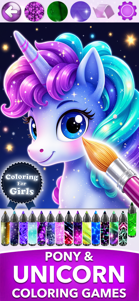 A colorful digital coloring page featuring a magical blue unicorn with purple hair and various pattern markers for girls