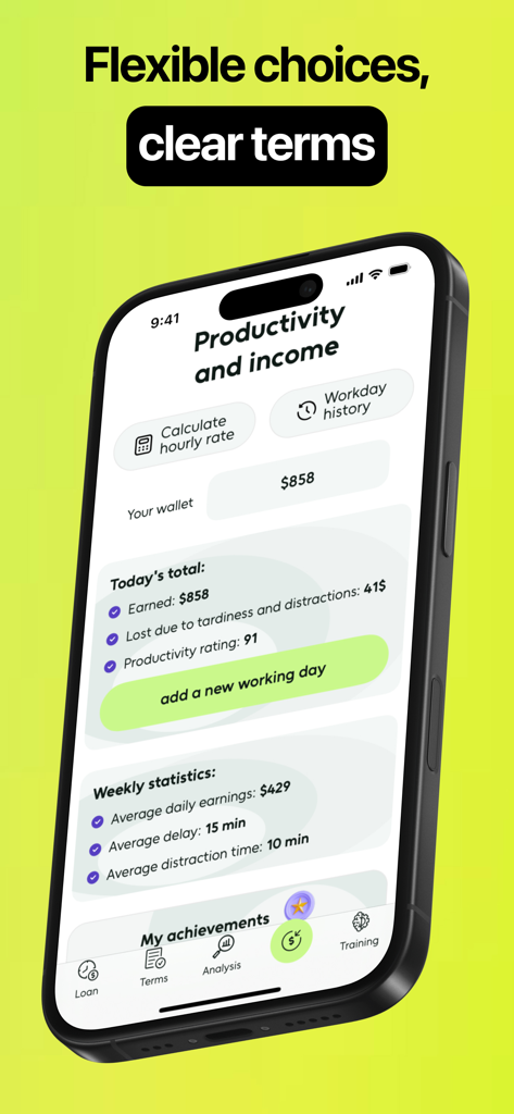 Cash Advance Finder – Paloma - Paloma mobile app interface for tracking income and productivity insights for freelancers
