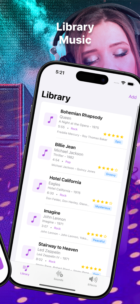 Interface de l'application mobile Sound Magic Effect+ montrant une bibliothèque musicale avec des informations détaillées sur les pistes et des notes