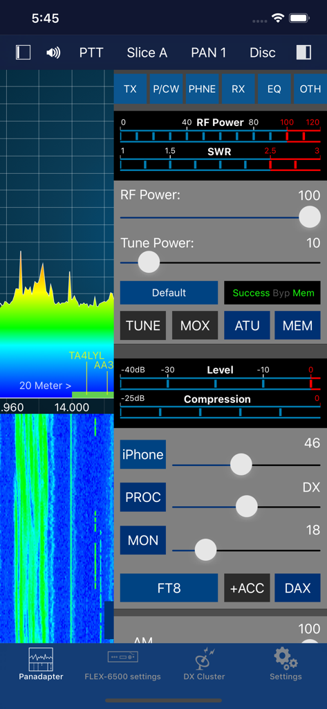 SmartSDR app interface showing spectrum panadapter and radio transmission controls