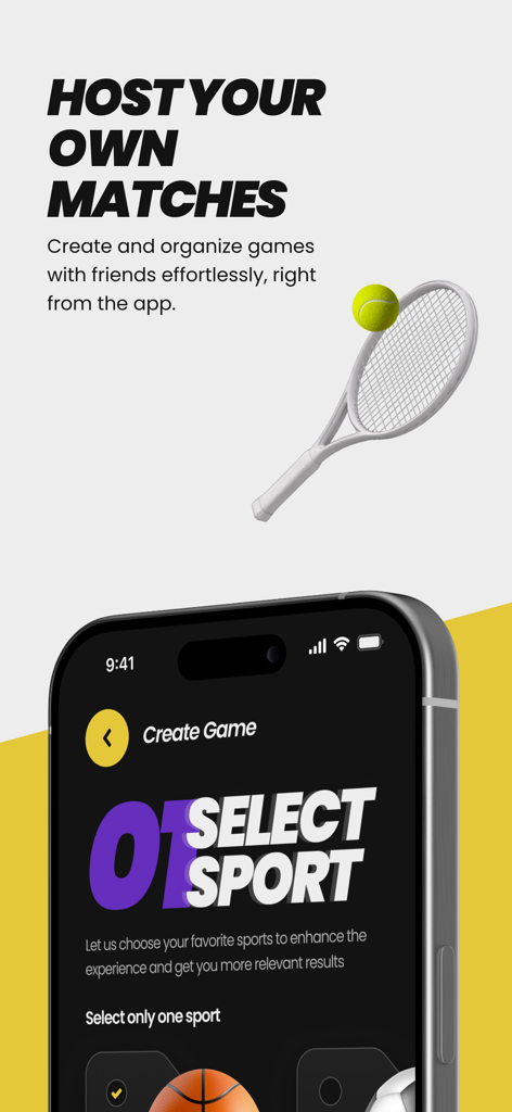 WOOV Club - WOOV Club mobile app interface showing the host your own matches feature and sport selection screen