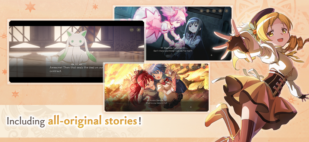 Madoka Magica Magia Exedra - Arte promocional de Madoka Magica Magia Exedra com Mami Tomoe e cenas de histórias originais com Kyubey e outras garotas mágicas.