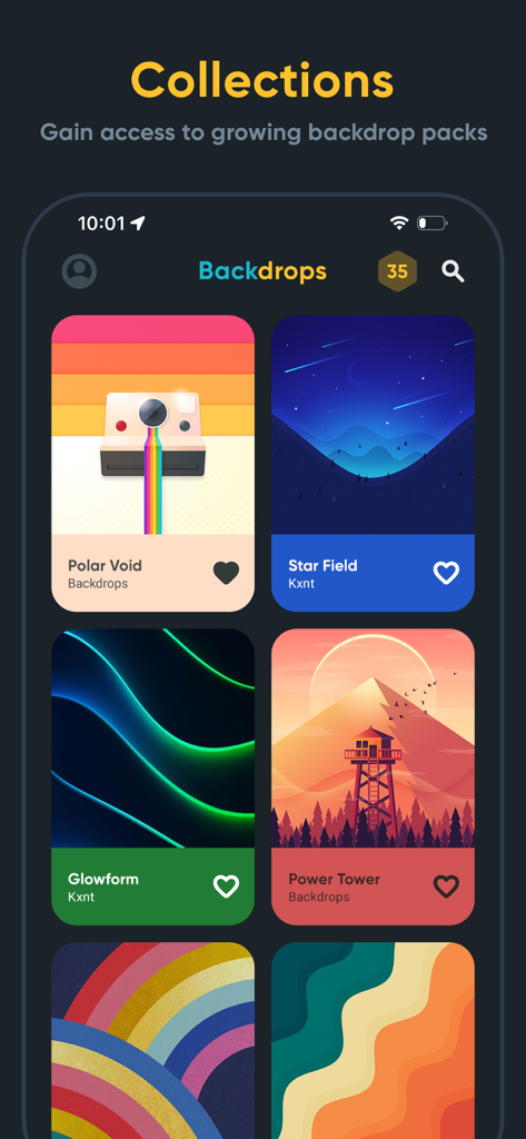 Backdrops App-Oberfläche mit einem kuratierten Raster aus künstlerischen Wallpaper-Sammlungen, einschließlich geometrischer und Landschaftsdesigns.