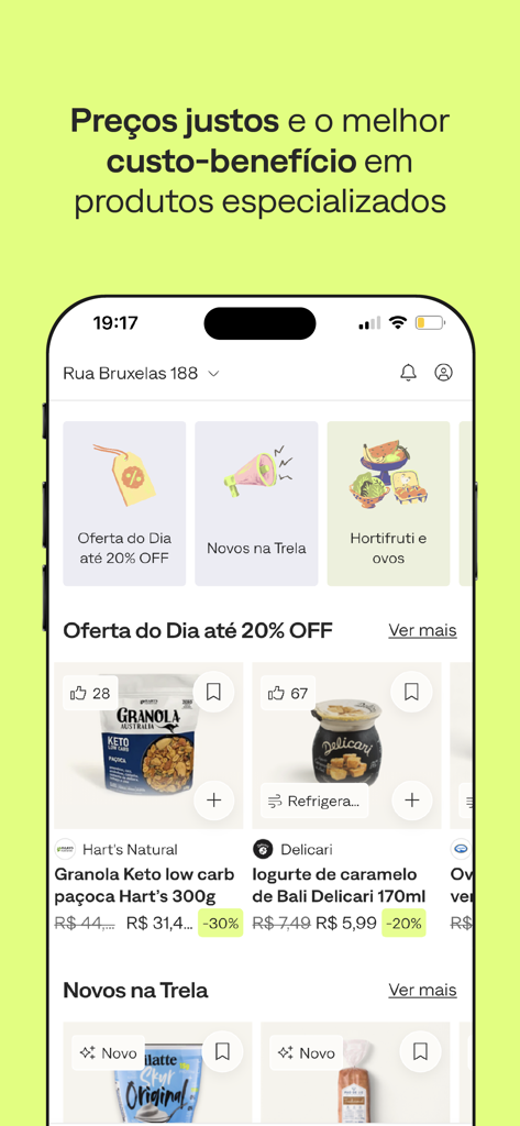 Interface do aplicativo móvel Trela mostrando produtos alimentícios saudáveis com desconto e categorias de compras curadas.