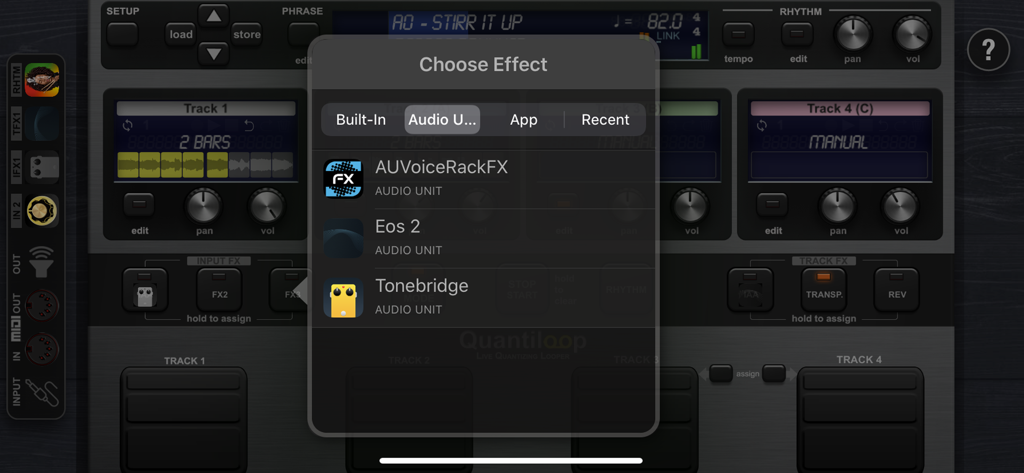 Quantiloop Pro effect selection menu showing Audio Unit plugin support