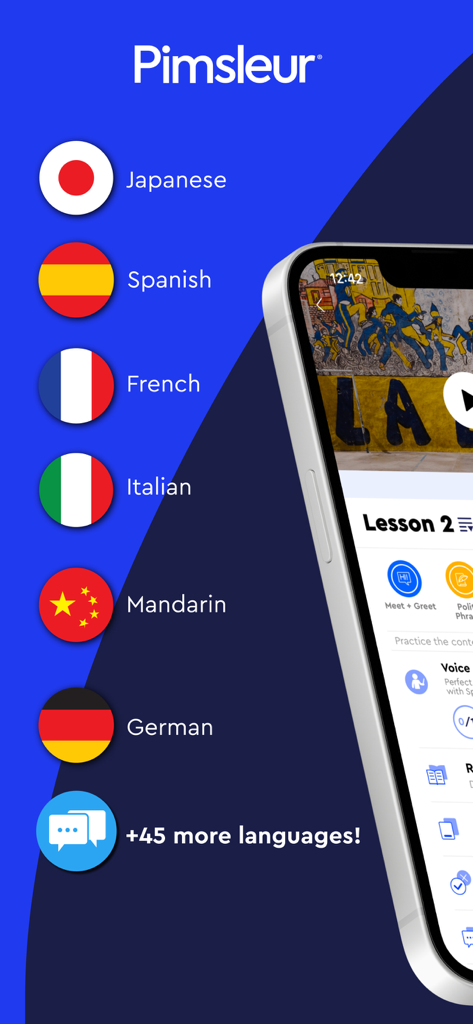 Pimsleur | Language Learning - Interfaccia dell'app mobile Pimsleur che mostra opzioni di lingua come giapponese, spagnolo e francese con un'anteprima di una schermata di lezione.