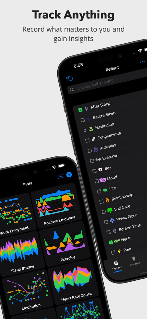 Reflect app interface showing a list of trackable health categories and colorful data visualization plots.