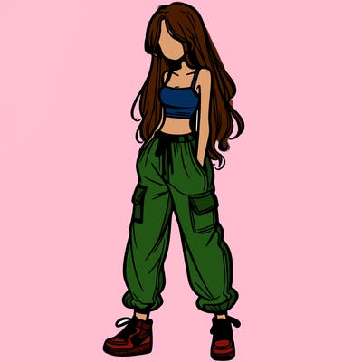 girl in baggy pants crop top and long hair