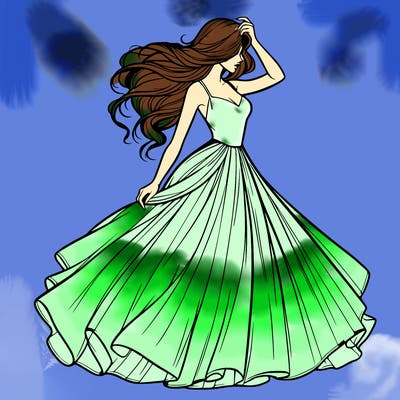 realistic woman with dress flowing in the wind