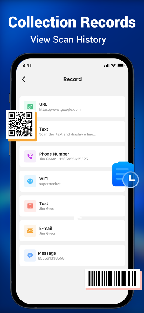 La pantalla de un smartphone que muestra el historial de escaneos y los registros de colecciones dentro de la aplicación Shark QR, incluyendo URLs, números de teléfono y detalles de WiFi.