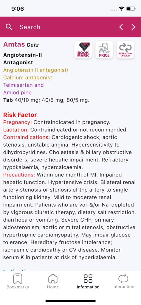 PharmaGuide - PharmaGuide app clinical information screen showing drug risk factors and contraindications for Amtas Getz medication