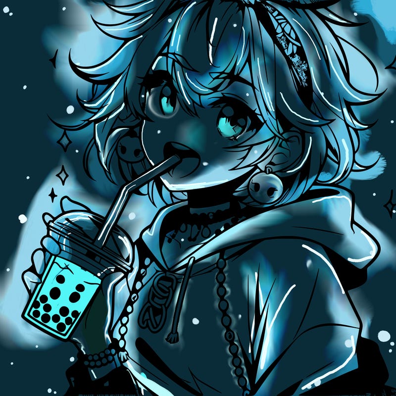 hot baddie anime girl drinking boba and biting the straw