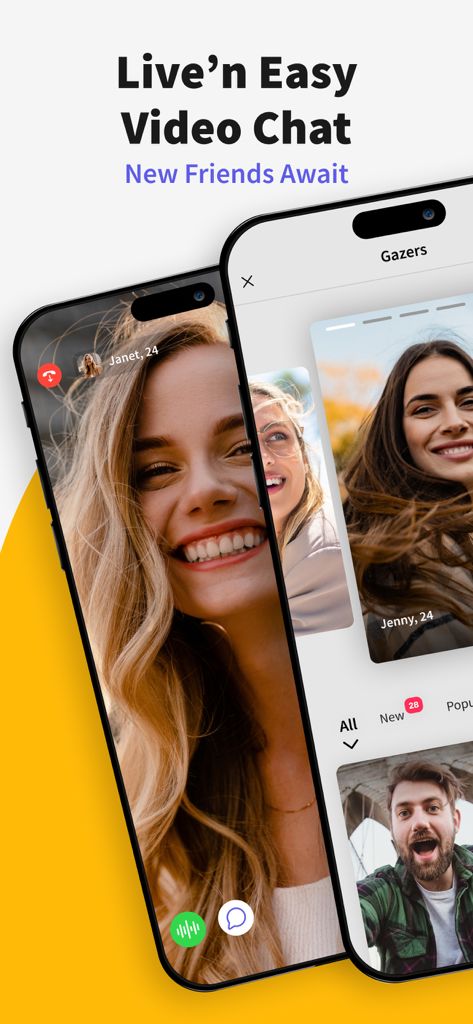 Gaze: Live Video Chat App - Interface do aplicativo Gaze mostrando uma chamada de vídeo ao vivo e uma lista de perfis para conhecer novos amigos.