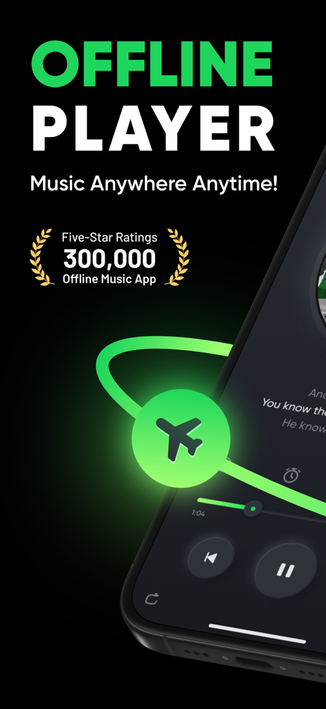 Offline Music Player - MP3, EQ - Offline Music Player app promotion showing airplane mode icon and music playback interface