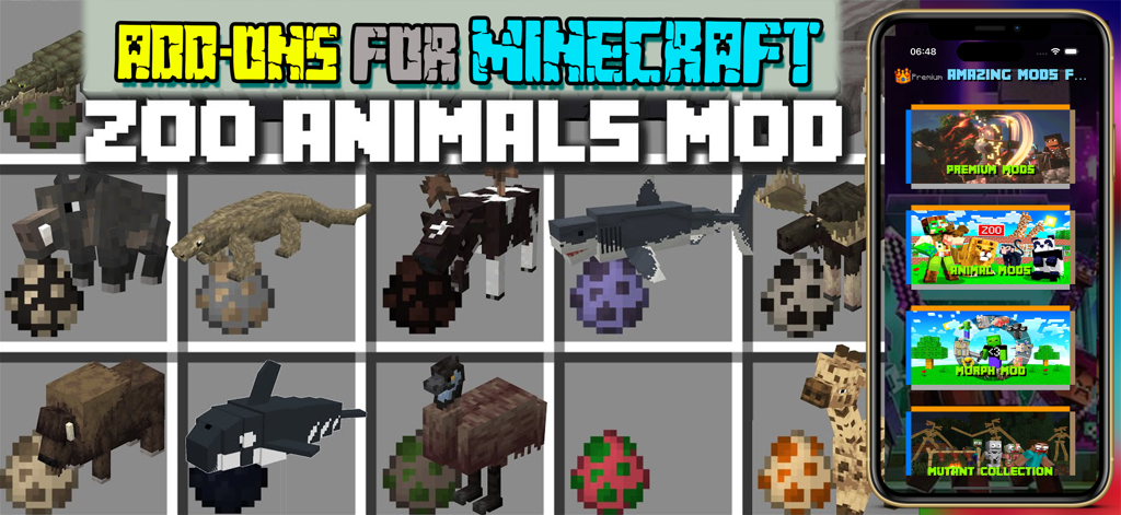 Una colección de animales de zoológico y huevos de aparición para Minecraft PE de la aplicación Epic Addons