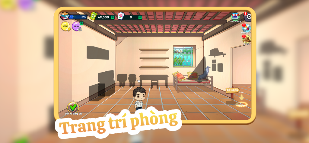 Trở Về Tuổi Thơ - Um personagem num quarto vazio com mobiliário tradicional mostrando a funcionalidade de decoração de quartos no jogo Tro Ve Tuoi Tho