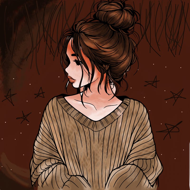 realistic girl wearing a messy bun and an oversized sweater