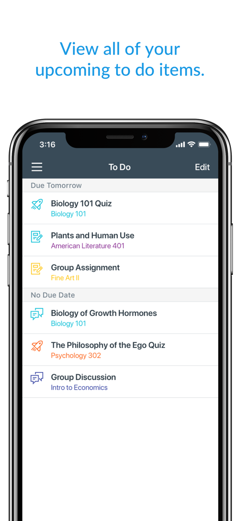 Canvas mobile app screen showing a student to-do list with upcoming assignments and quizzes