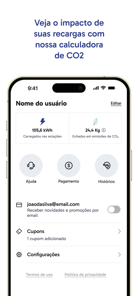 ZON Charge - ZON Charge 앱 프로필 대시보드에 에너지 소비량 및 CO2 배출량 절감 통계 표시