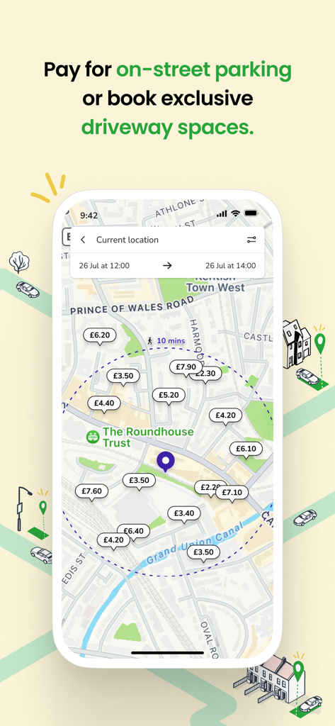 JustPark Parking - JustPark mobile app interface showing a map of available parking spaces with price tags