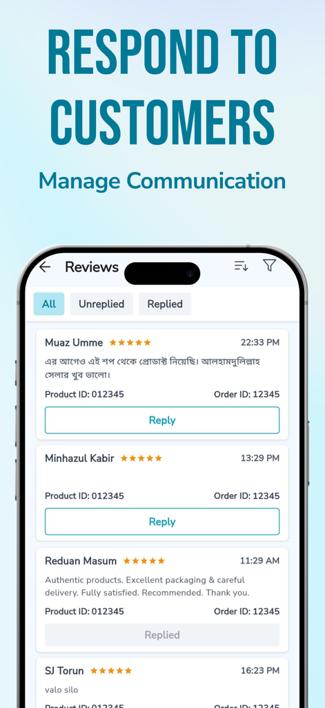 Cartup Seller Center - Mobile interface of the Cartup Seller Center app showing a list of customer reviews and the option to reply to buyers