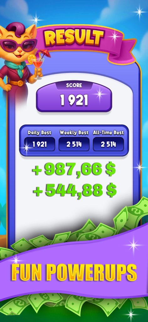 Bingo Mania: Fast & Skilled - Ergebnisanzeige für Bingo Mania mit einer hohen Punktzahl und echten Geldpreis-Belohnungen mit einer Cartoon-Katzen-Maskottchen.