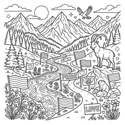 Journey to a breathtaking alpine valley adorned with the vibrant spirit of Pride. This enchanting coloring page blends stunning mountain scenery with symbols of love and diversity.