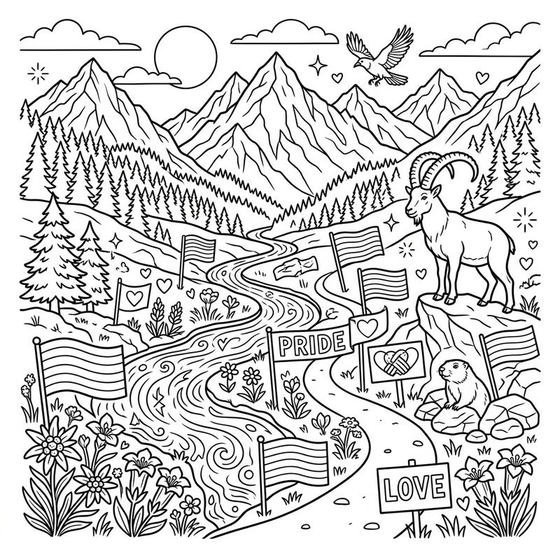 Journey to a breathtaking alpine valley adorned with the vibrant spirit of Pride. This enchanting coloring page blends stunning mountain scenery with symbols of love and diversity.