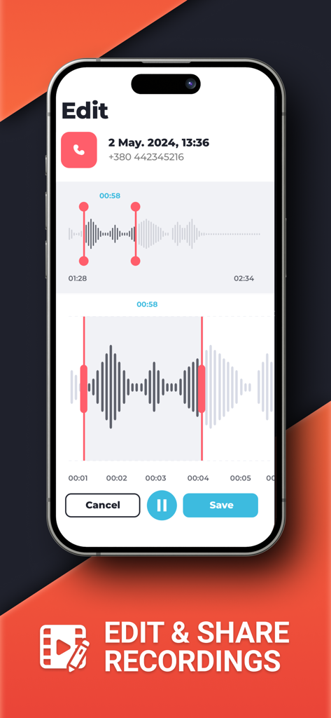Phone Call Recorder ACR - Interfaz que muestra las herramientas de edición y recorte de audio para una grabación de llamadas telefónicas en la app ACR