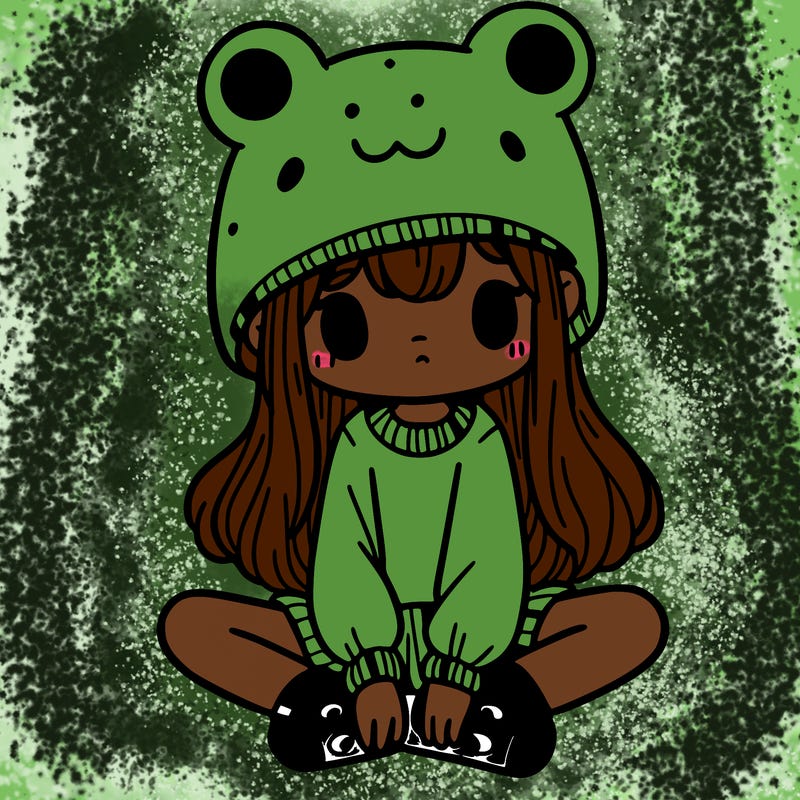 a girl wearing a frog hat and some frog socks