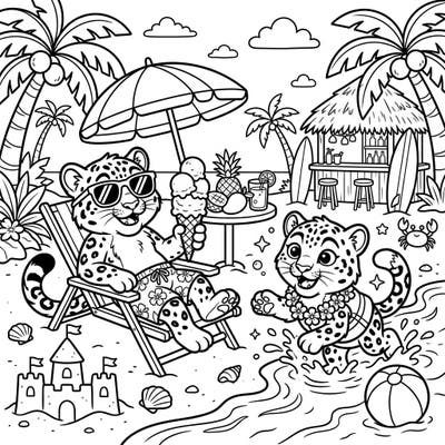 Escape to a sun-drenched paradise with this delightful coloring page featuring snow leopards enjoying a summer vacation. Watch as a parent relaxes with ice cream while a cub splashes in the waves, ready for your creative touch.