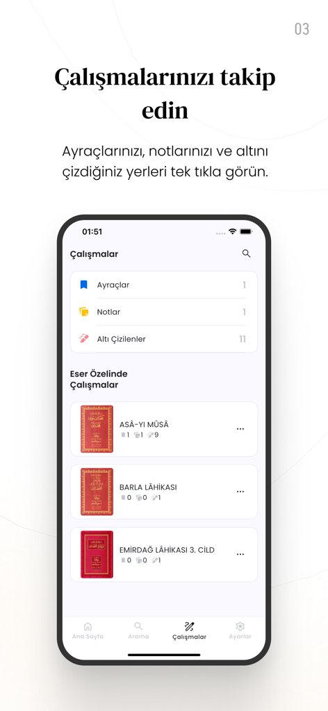Hayrat Risale-i Nur - Pantalla de aplicación móvil que muestra funciones de seguimiento de estudios con marcadores, notas y texto resaltado para literatura religiosa.