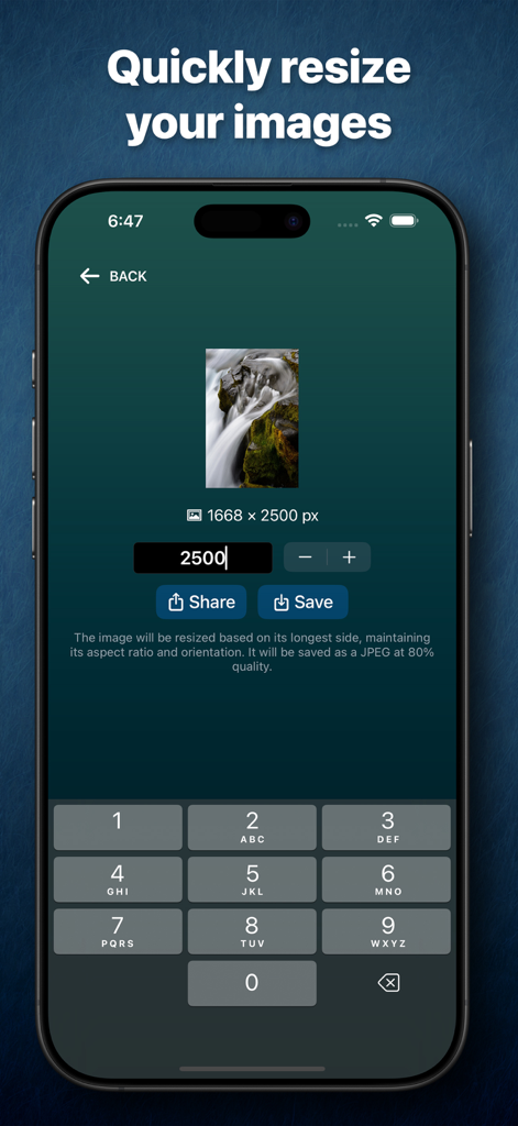 Like A Frame - Interface of the Like A Frame app showing a waterfall photo being resized with a numeric keypad and save options