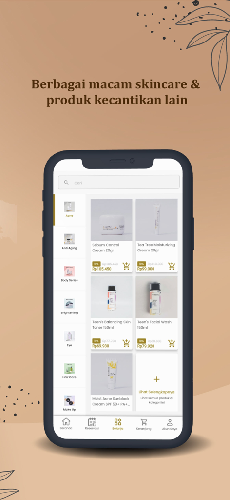 Mobile app screen for Natasha Skincare showing a variety of clinical skincare products and shopping categories like acne and anti-aging.