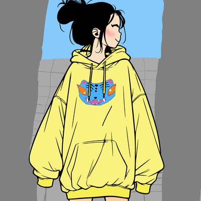 realistic girl with a oversized sweatshirt on and a bun