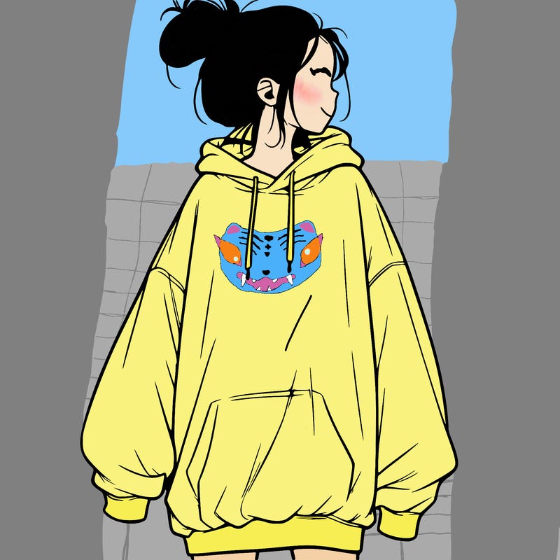 realistic girl with a oversized sweatshirt on and a bun