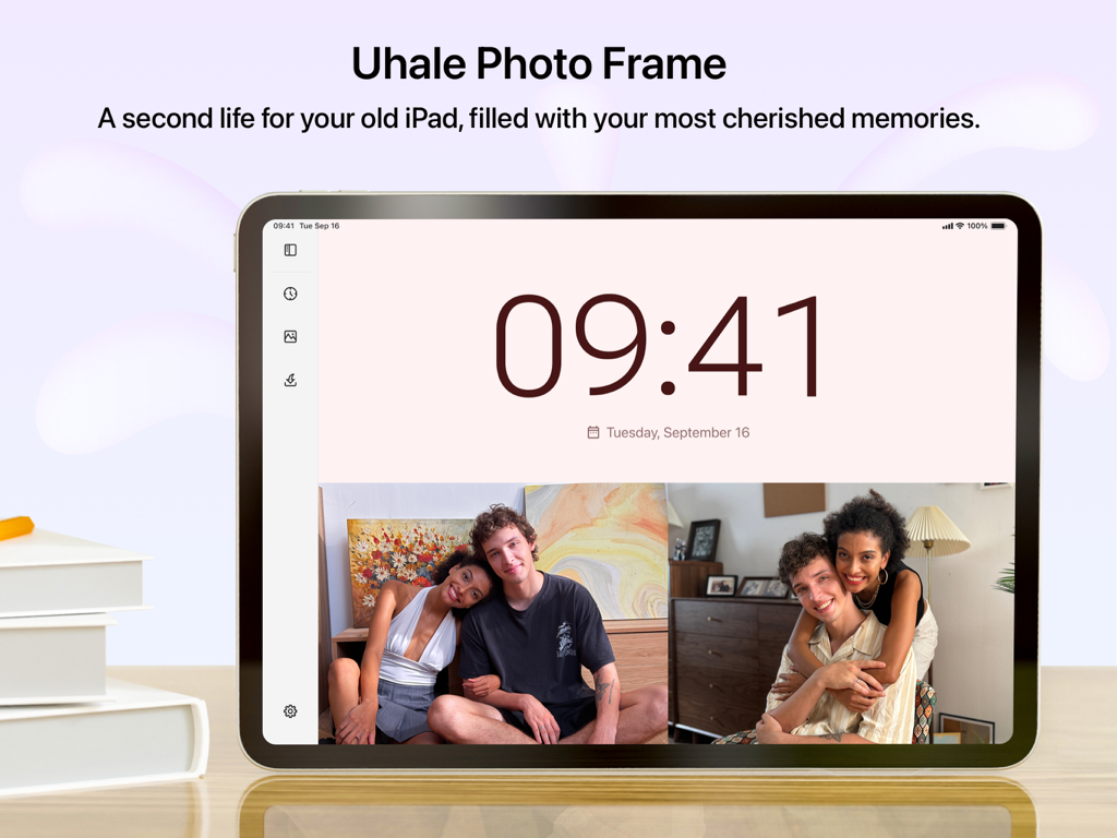 Uhale Photo Frame & Clock - An iPad displaying the Uhale Photo Frame app featuring a digital clock and family photos on a desk