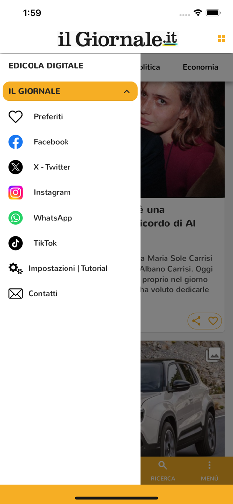 il Giornale Digitale - Side navigation menu of the il Giornale Digitale app showing social media links and settings options.