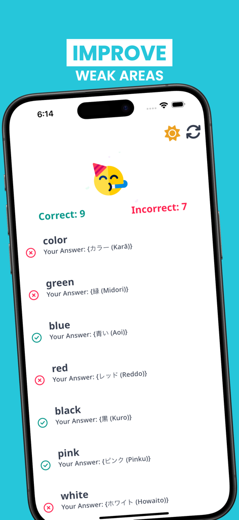 Japanese vocabulary quiz results screen showing correct and incorrect answers for colors