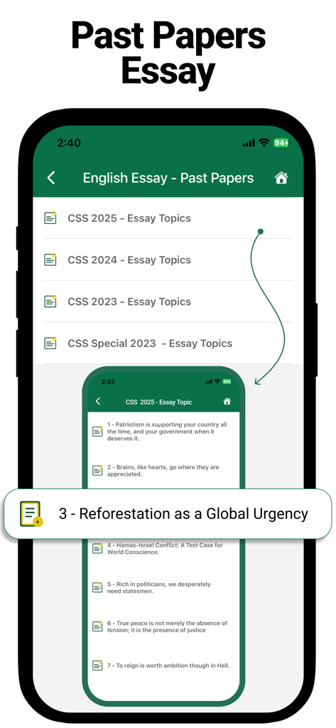 CSS Factory: Exam Preparation - Interface of CSS Factory app showing past English essay exam topics organized by year
